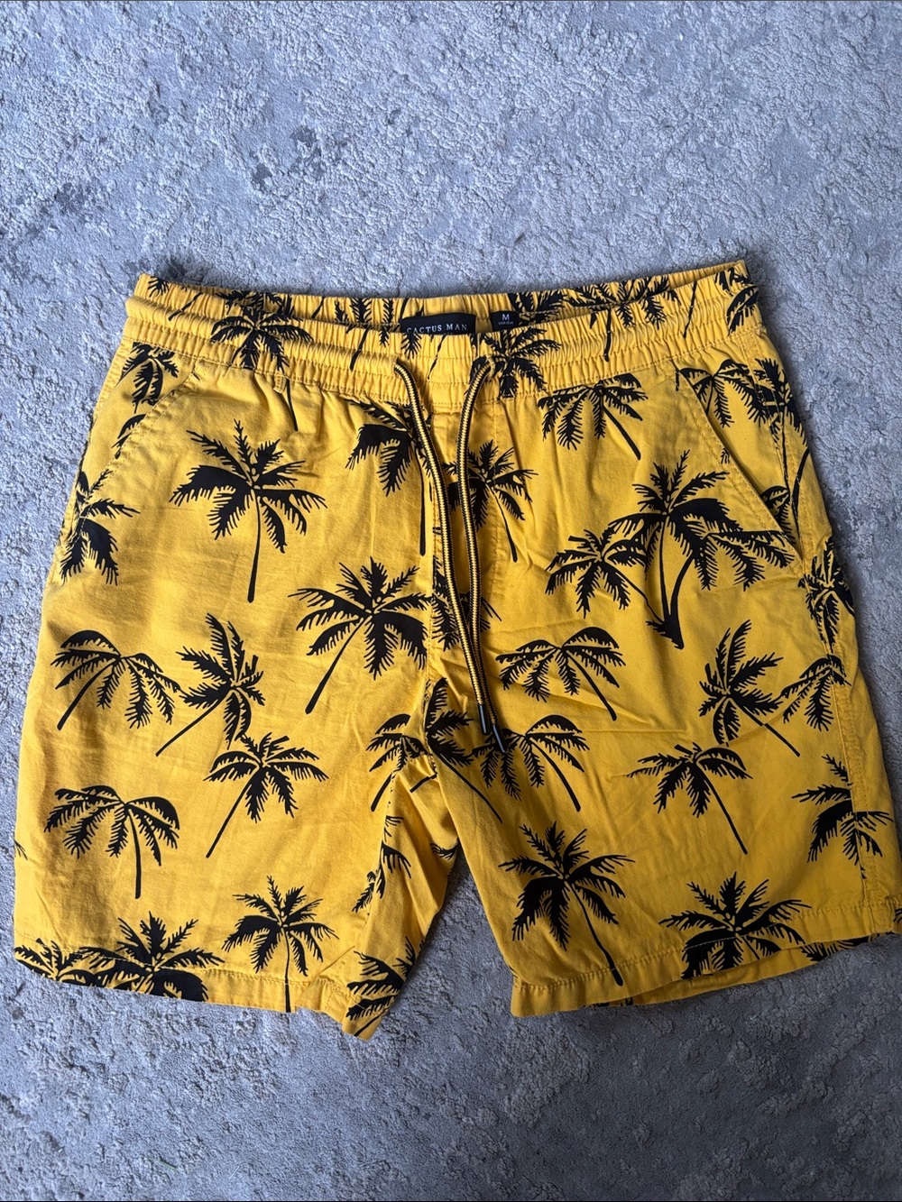 Men's Yellow Palm-Print Swim Board Shorts with Drawstring